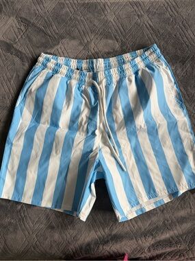 Boohoo Light Blue & White Vertical Stripe Swim Trunks